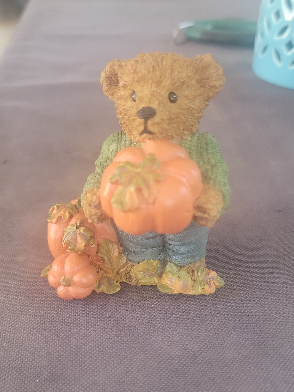 Home Interiors Brown Bear Figurine with Orange Pumpkins and Green Sweater